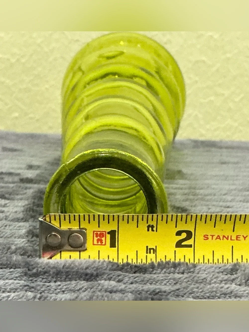 French Vintage MCM Olive Green Ribbed Glass Beehive Vase Retro Reims Art Glass
